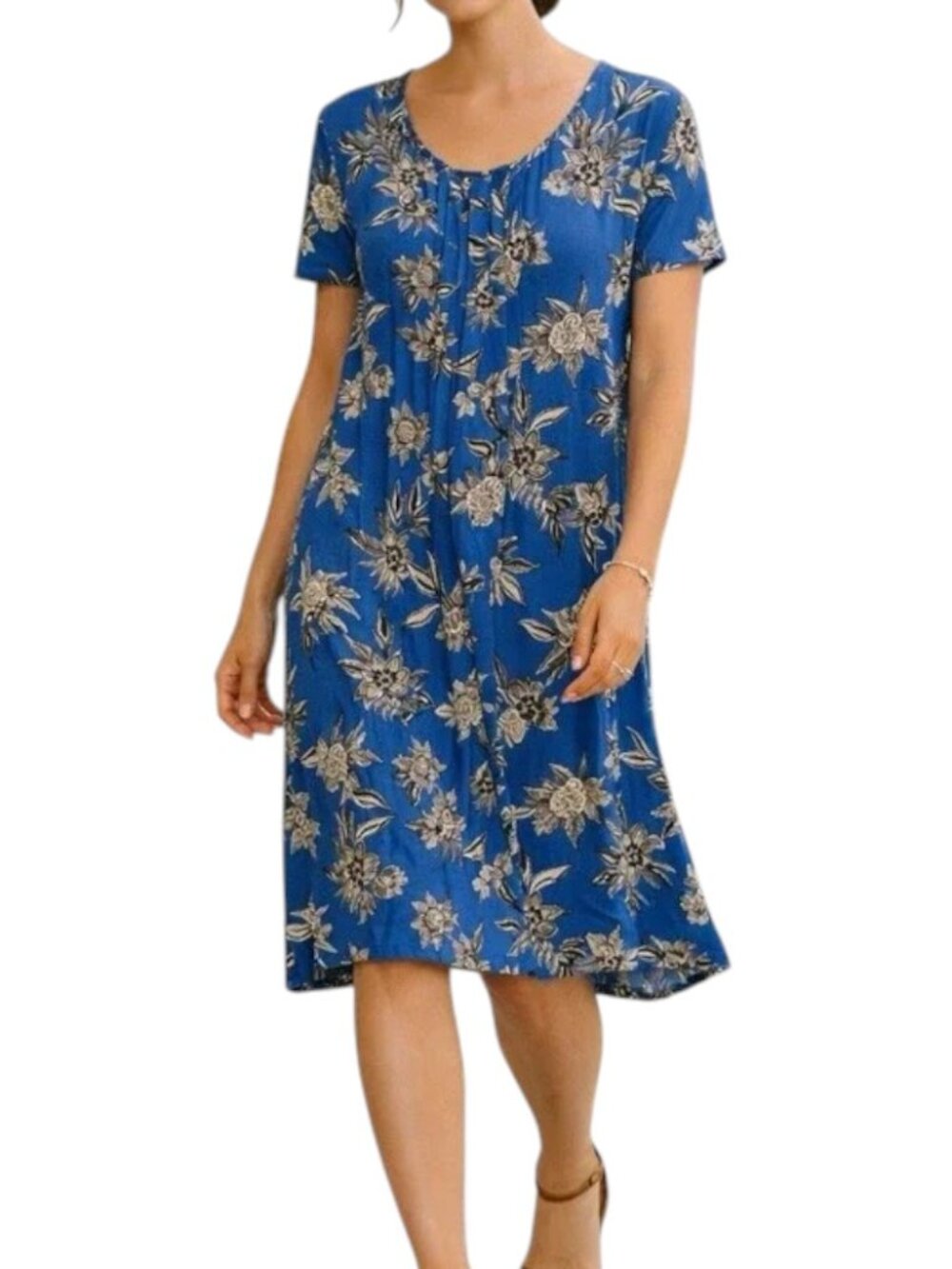 J. Jill Wearever Collection Blue Floral Short Sleeve Pleat Front Dress